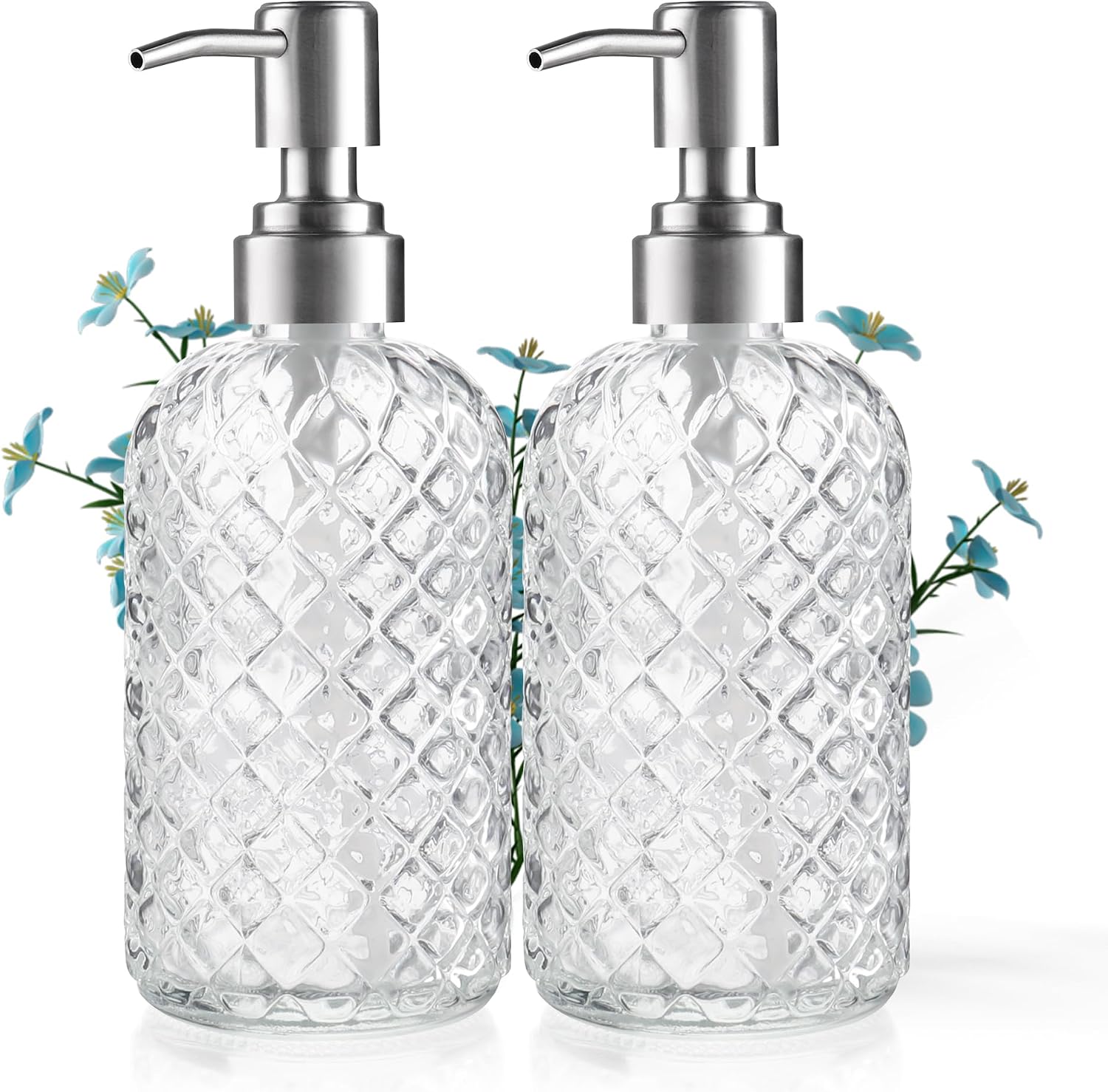 14 Oz Refillable Glass Soap Dispenser with Rust Proof Stainless Steel Pump, for Dispense Hand soap, Body wash, Lotion