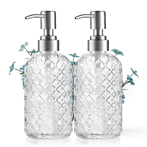 14 Oz Refillable Glass Soap Dispenser with Rust Proof Stainless Steel Pump, for Dispense Hand soap, Body wash, Lotion 2pack - Clear (2 Pack)