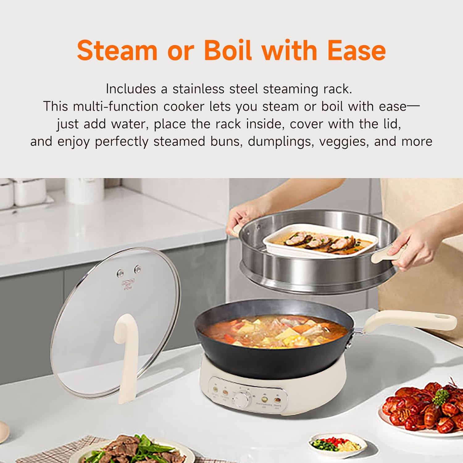 Joydeem 5Qt Electric Skillet, Pure Iron Nonstick Frying Pan with Glass Lid & Steamer Rack, 1600W 3-Level Heat Control, Removable Pot, Family-Sized Cooker for Boil Steam Sauté, 11.8...