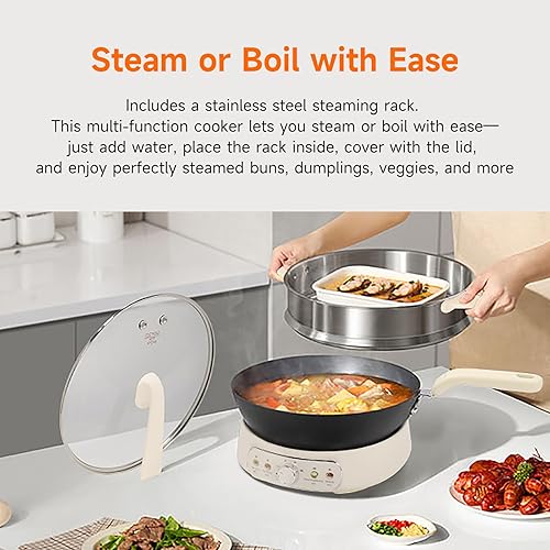 Miniatura 5 de Joydeem Sartén eléctrica de 5 cuartos de galón, sartén antiadherente de hierro puro con tapa de vidrio y estante de vapor, control de calor de 3