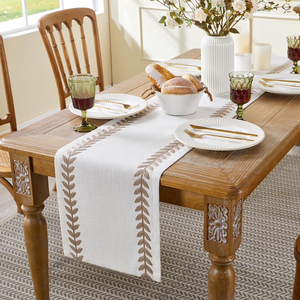 Wracra Embroidered Fall Table Runner Irregular Willow Leaf Table Runners 108 Inches Long for Dresser Home Dining Table Decor,14 x 108 Inch, Taupe