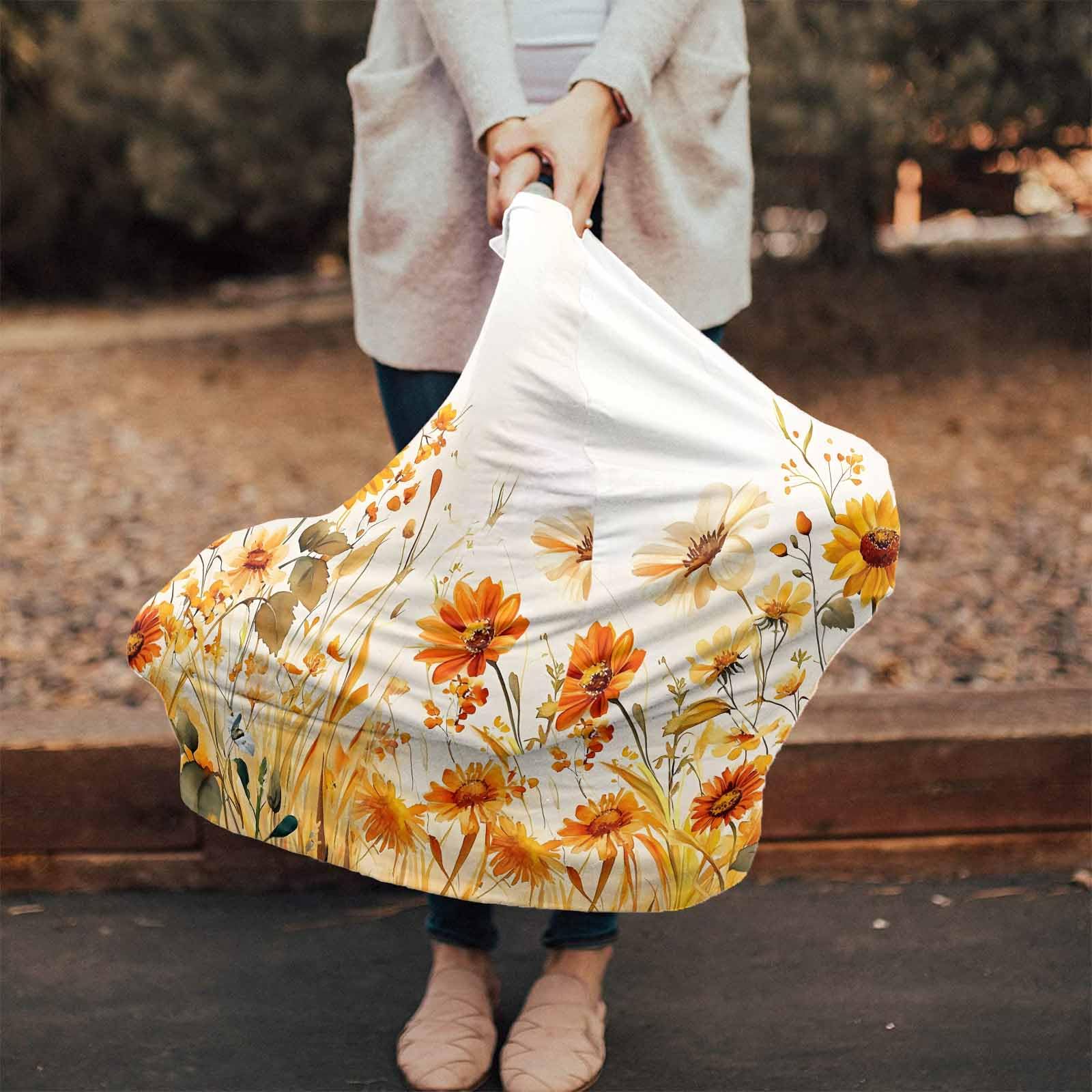 Retro Country Style Nursing Cover for Breastfeeding Scarf, Watercolor Orange Wildflowers Baby Car Covers Super Soft Multi Use for Canopy Shopping Cart Cover Blanket Stroller Cover