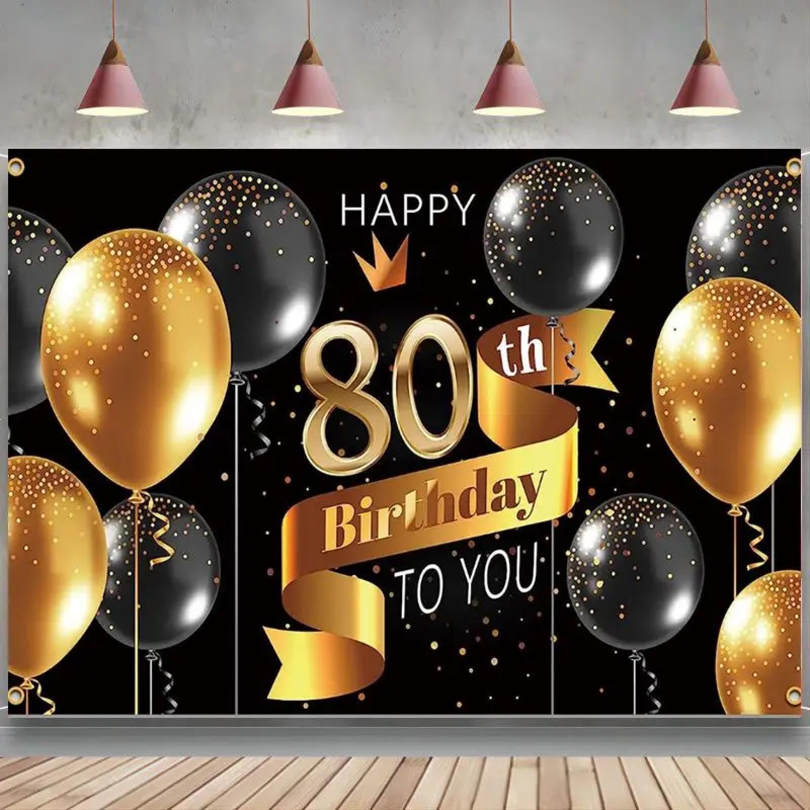 Baner z napisem "Happy 80th Birthday" tło 80 lat urodziny dekoracje na przyjęcie dla mężczyzn czarne złote tło 250 x 180 cm