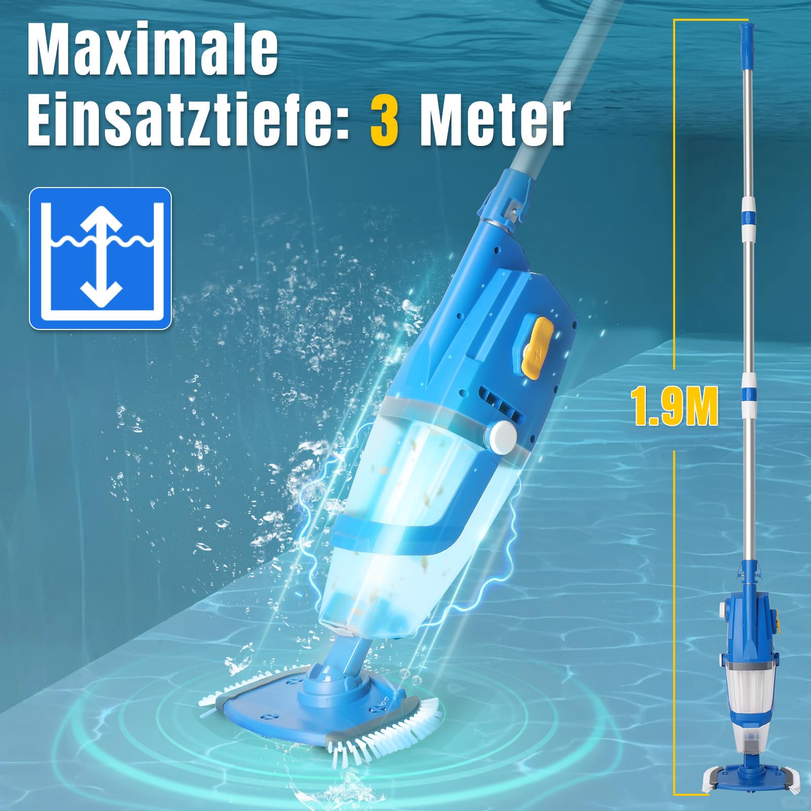 LEADZM Poolsauger Akku, Handsauger, Bodensauger mit 4500mAh & 100L/Min Saugkraft | Kabelloser Poolreiniger inkl. Teleskopstange (1.5m) & Filter | Bis zu 60 Min Laufzeit, 190×23.7×17cm(Blau)