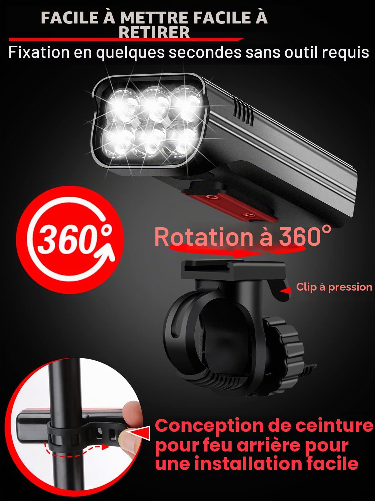 Phares de vélo avant et arrière de 9500 lumens pour conduite de nuit, 10 000 mAh rechargeable par USB, 6 LED, 5 + 5 modes, phare et feu arrière pour vélo - Durée de vie de plus de 60 heures,