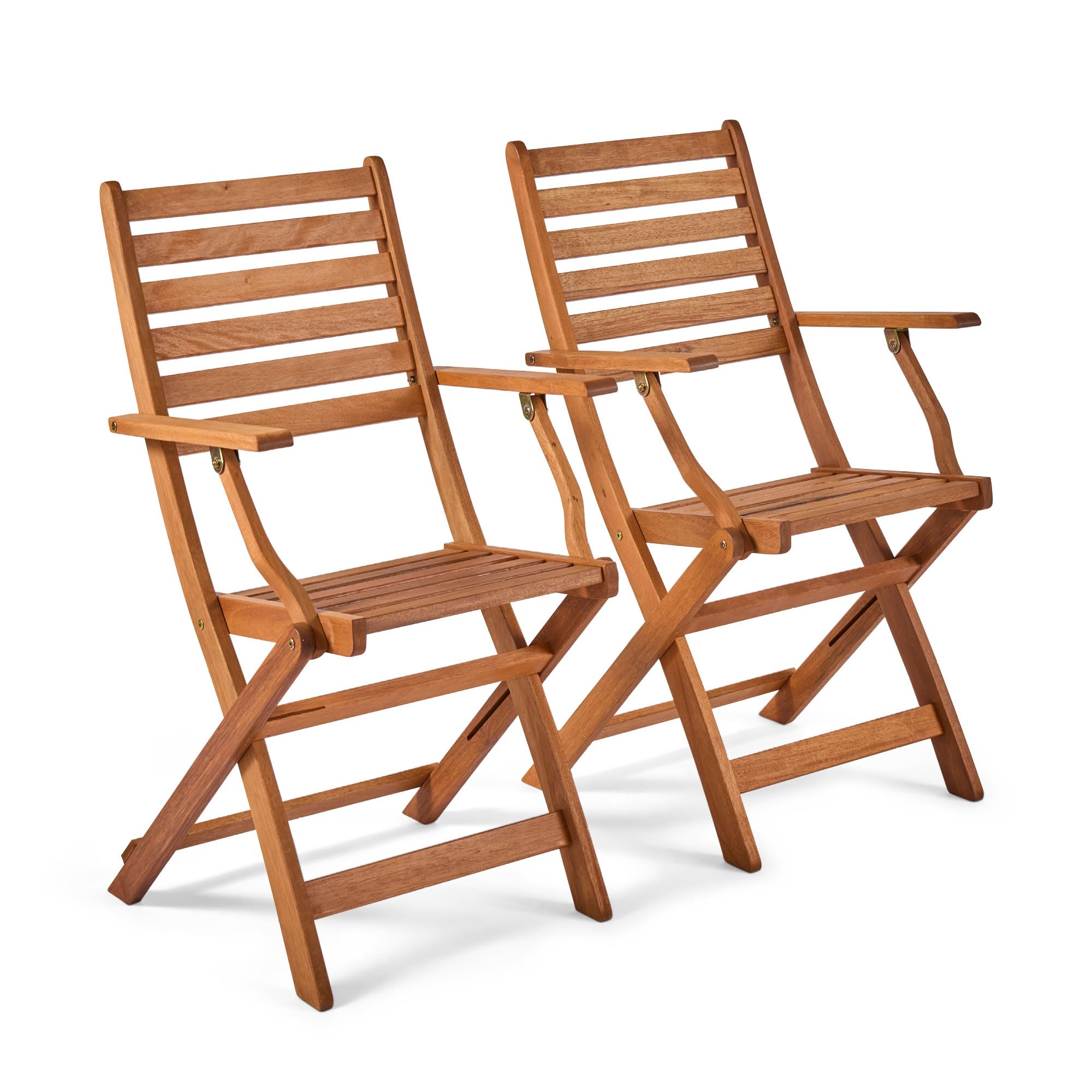 VonHaus Wooden Garden Chairs Set of 2 - Pair of Folding Garden Chairs for Outdoors & Patio - Meranti Hardwood Foldable Deck Seats with Teak Oil Coating & Armrests - Cannes