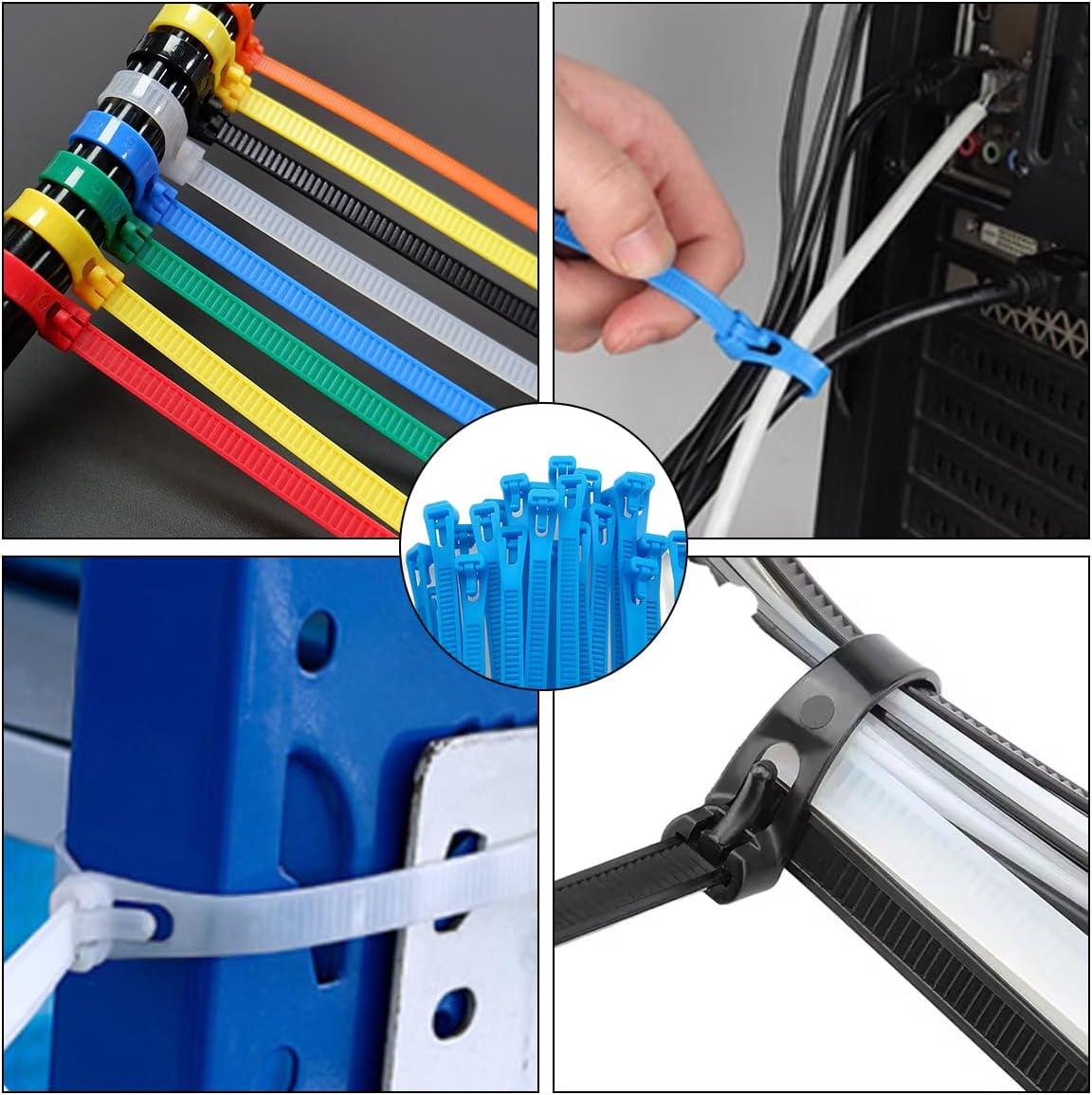 100 PCS 8 Inch Self Locking Reusable Cable Ties Blue ?Adjustable Nylon Zip Ties, 55 LBS Strength for Home, Office, Wires & Cord Organization (Indoor/Outdoor)