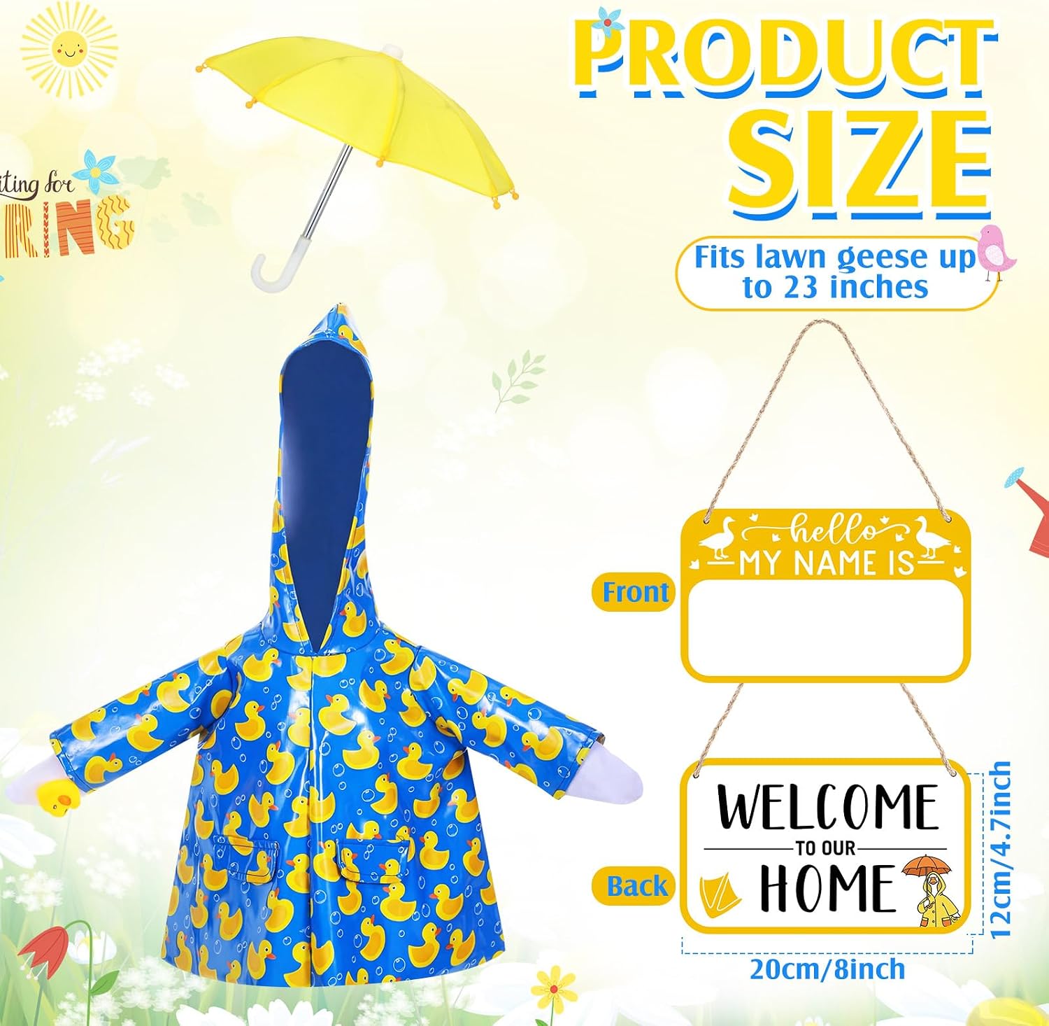 Mindsoft 3 Pcs Raincoat Porch Goose Outfit Summer Raincoat Umbrella with Name Wooden Sign for Lawn Cement 23 Goose Statue Clothes Outdoor Patio Yard Lawn Decoration(Rubber Ducks,Blue)