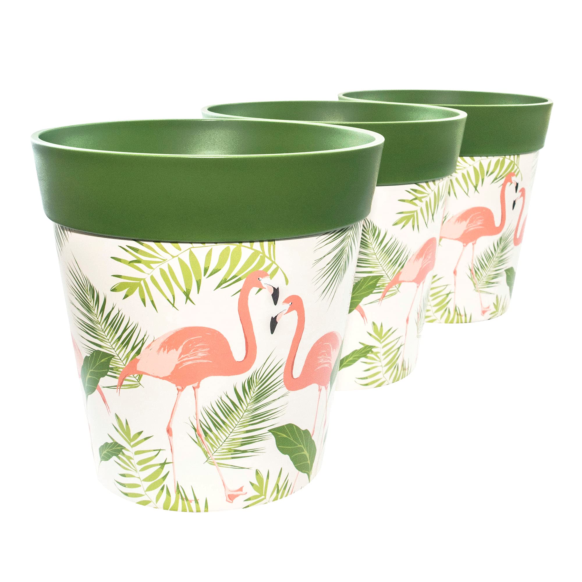 Hum Flowerpots, 22cm Set of 3, Various Patterns Colours and Sizes, Indoor/Outdoor Plastic Plant Pots, Green Flamingo โ image 1