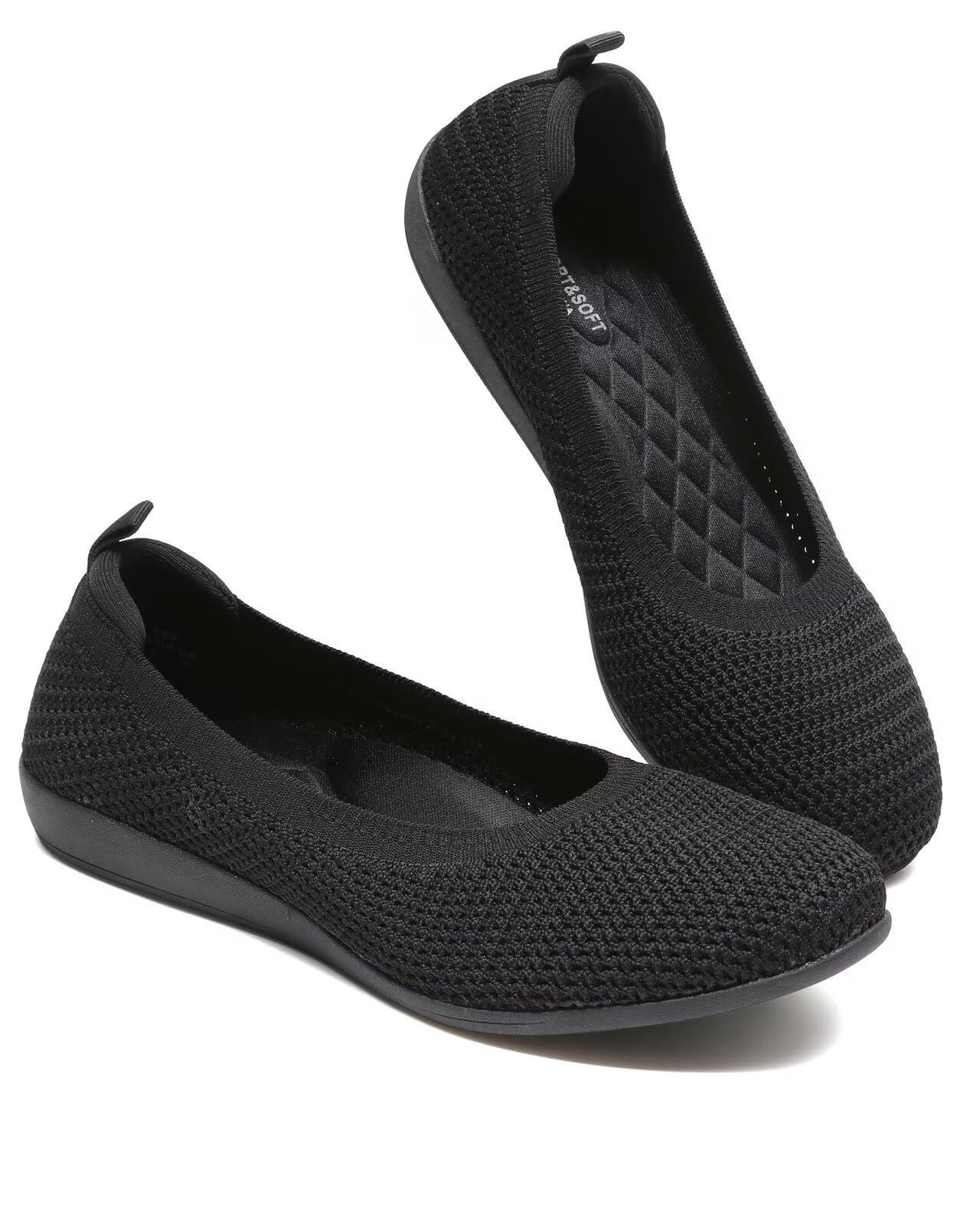 DEXJEWU Women's Ballet Flats Knit Dress Shoes Soft Work Comfort Ballerina Slip-on Walking Shoes with Arch Support, 022 All Black, 10 US