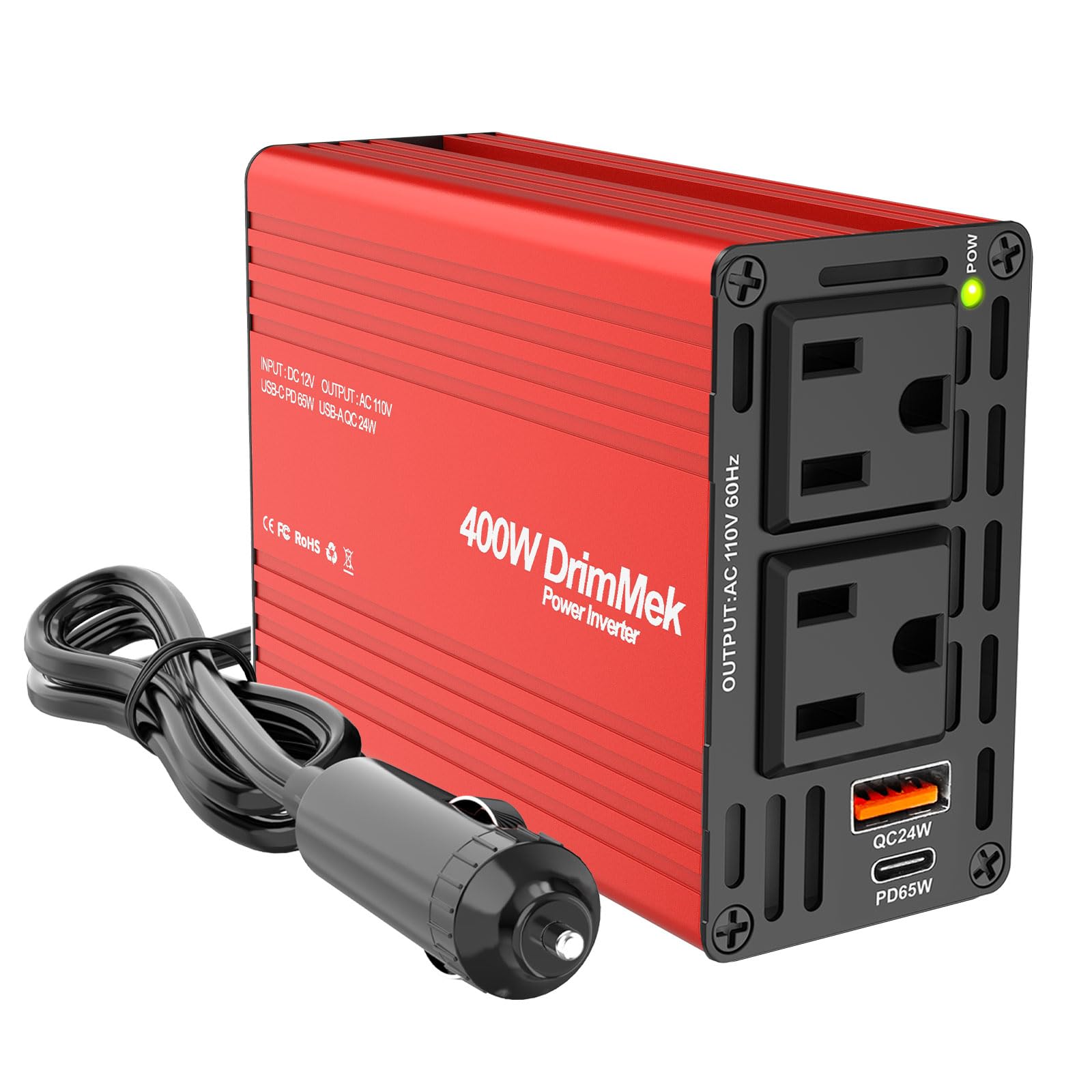 400W Car Power Inverter - Dual DC 12V to 110V AC Car Plug Adapter Outlets, Fast Charging USB C 65W & 24W Port, Power Inverters for Vehicles, Laptop
