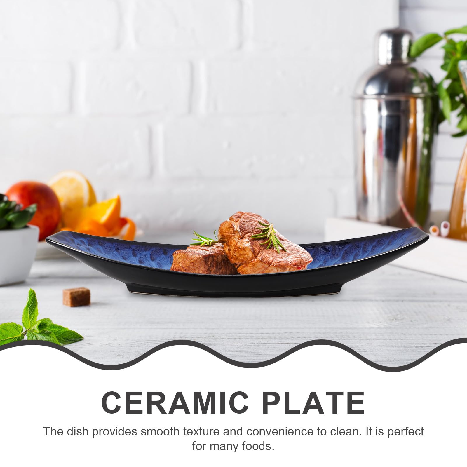 Assiette à Sashimi Facile à Nettoyer en Céramique Bleue, Forme Bateau Longue Plat de Service Élégant pour Restaurant Japonerie ou pour Plats Froids