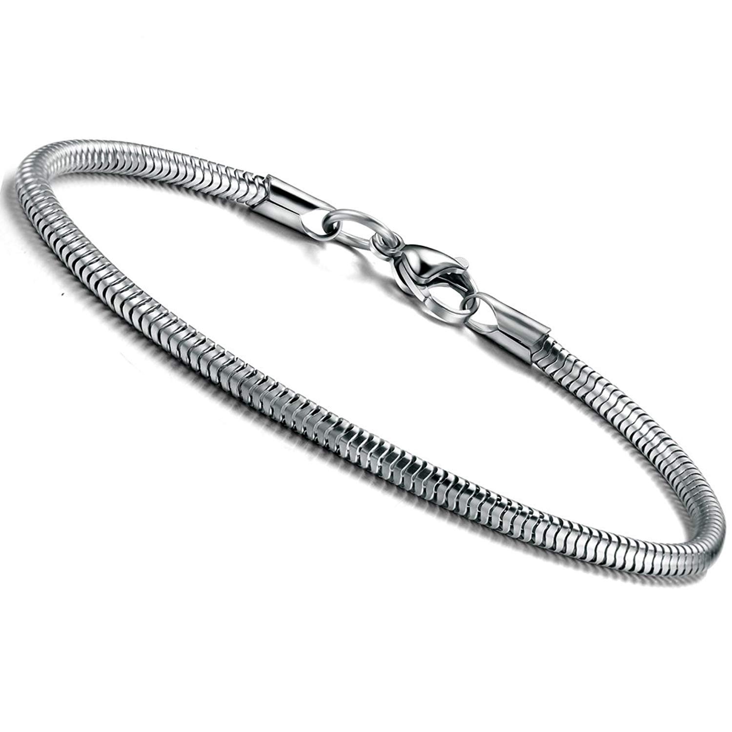 BESTEEL 3 MM Acero Inoxidable Pulsera Serpiente Cadena para Mujeres Hombres Brazalete Pulseras para Charms y Abalorios, 19CM