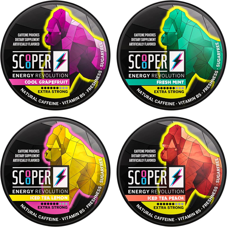 Scooper Energy I 4 cans I Mixed Box I Energy Pouches Sugarfree I 80 mg Natural Caffeine All Flavour Pack I 12 Pouches I Cool Grapefruit, Fresh Mint, Iced Peach & Lemon Tea