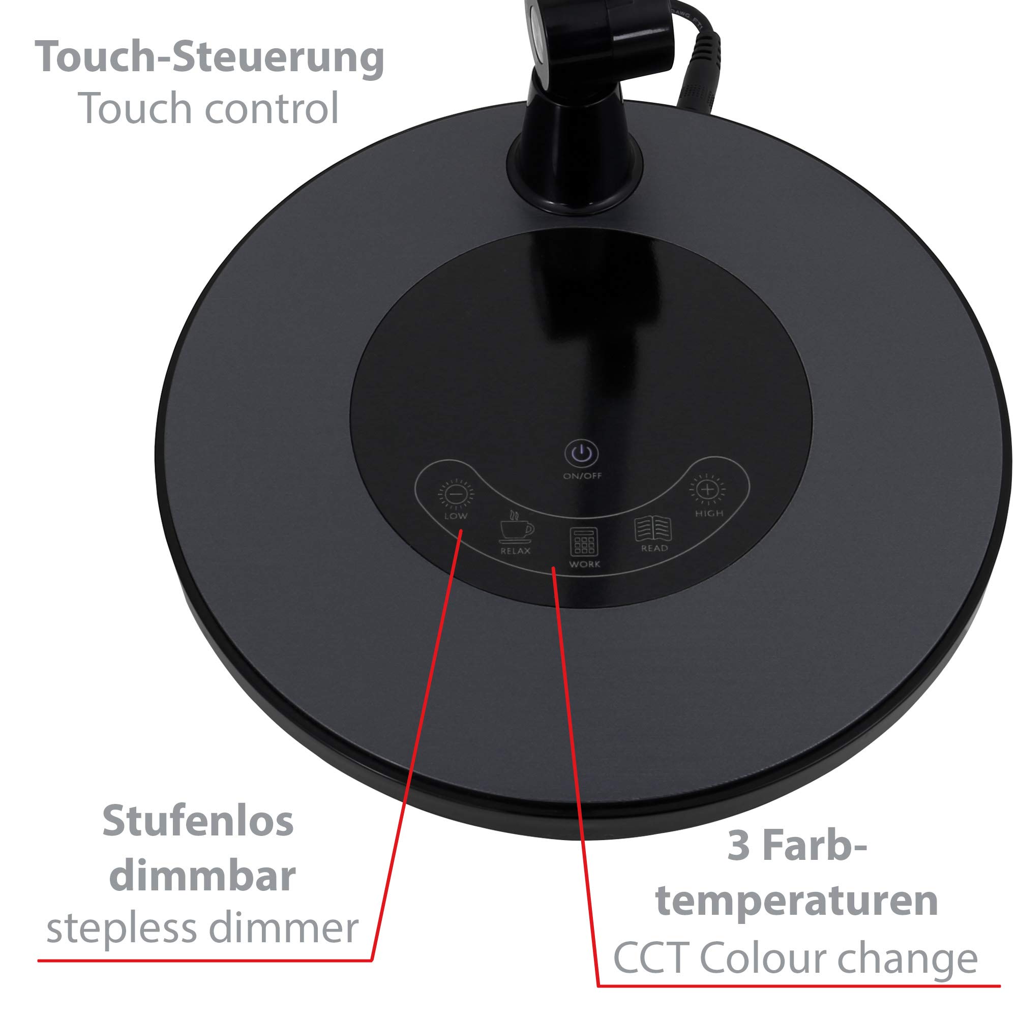 Briloner Leuchten - LED Tischleuchte, Tischlampe dimmbar, Farbtemperatursteuerung, Touch-Steuerung, Höhe einstellbar, 6, Watt, 700 Lumen, Schwarz