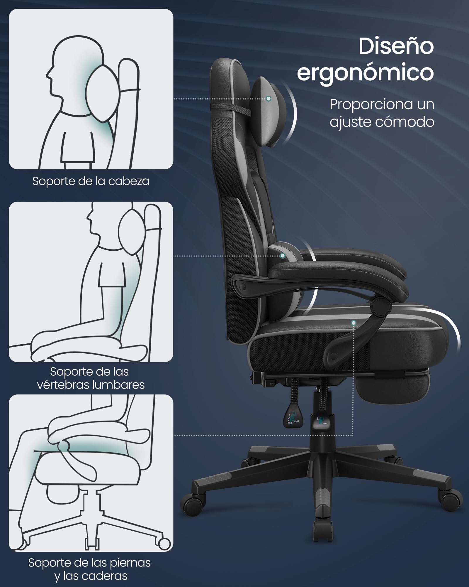 SONGMICS Silla de Oficina, Silla Gaming Ergonómica, con Reposapiés Telescópico, Respaldo Ajustable, Reposacabezas y Soporte Lumbar, Carga de 150 kg, Negro Tinta y Gris Paloma OBG073B03