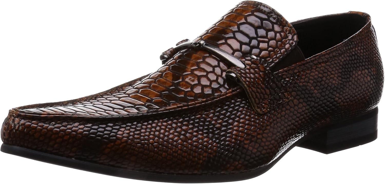 M One MPT113-1 Business Shoes, Long Nose, Men’s Bit Loafer, Slip-on Enamel, Python Embossed