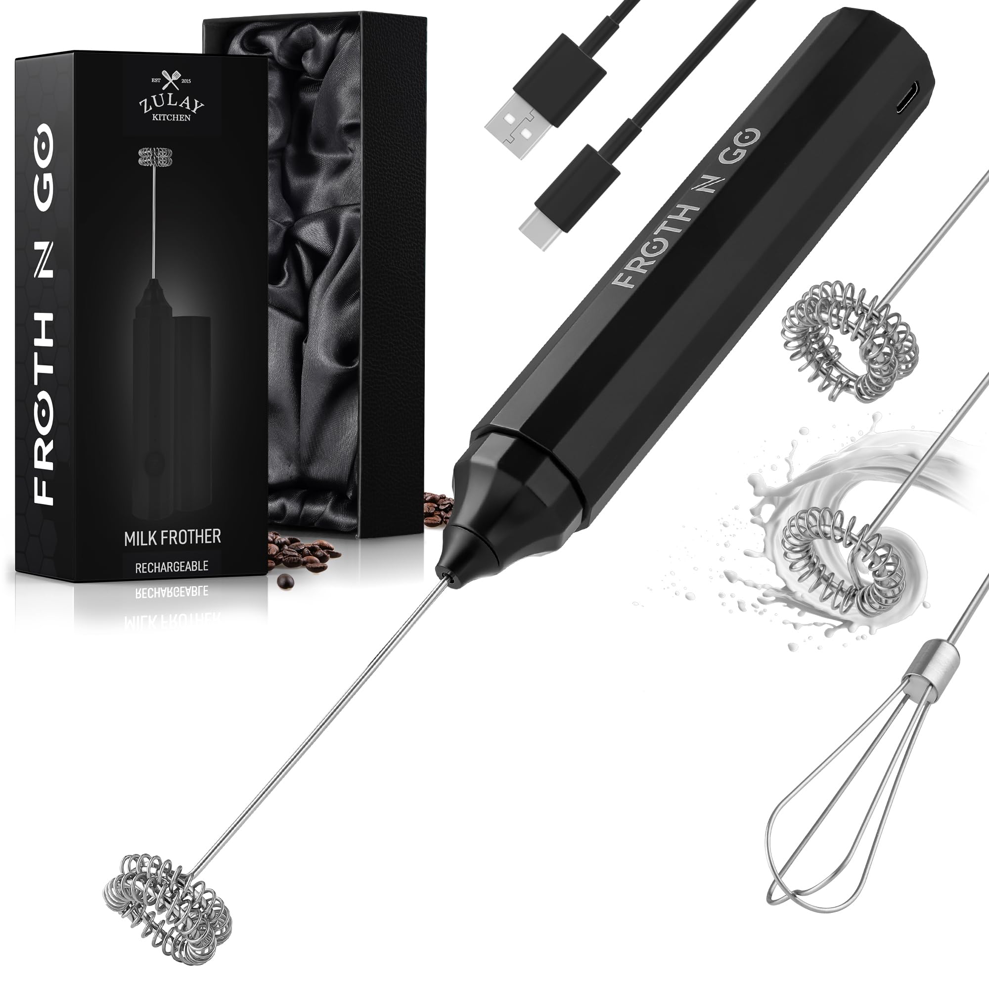 Zulay Froth N Go Milk Frother Rechargeable - 3-in-1 Frother Wand With Case USB-C Charger - Comes With 3 Whisk Attachments for Latte, Cappuccino, Matcha, Protein Shakes - Black