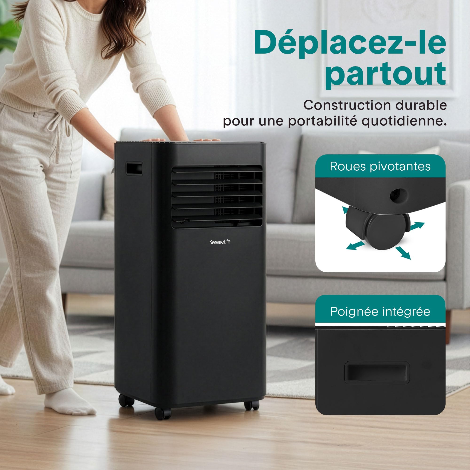SereneLife Climatiseur Mobile 9000 BTU 2,0 kW – Climatiseur Portable avec Évacuation, 3 en 1 Refroidissement Déshumidificateur Ventilateur, Silencieux 54 dB, Télécommande et Kit Fenêtre