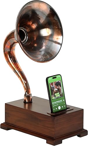 Miniatura 9 de Gramophone - Altavoz acústico - Amplificador no eléctrico de estilo vintage, soporte para teléfono inteligente y base con acabado negro completo