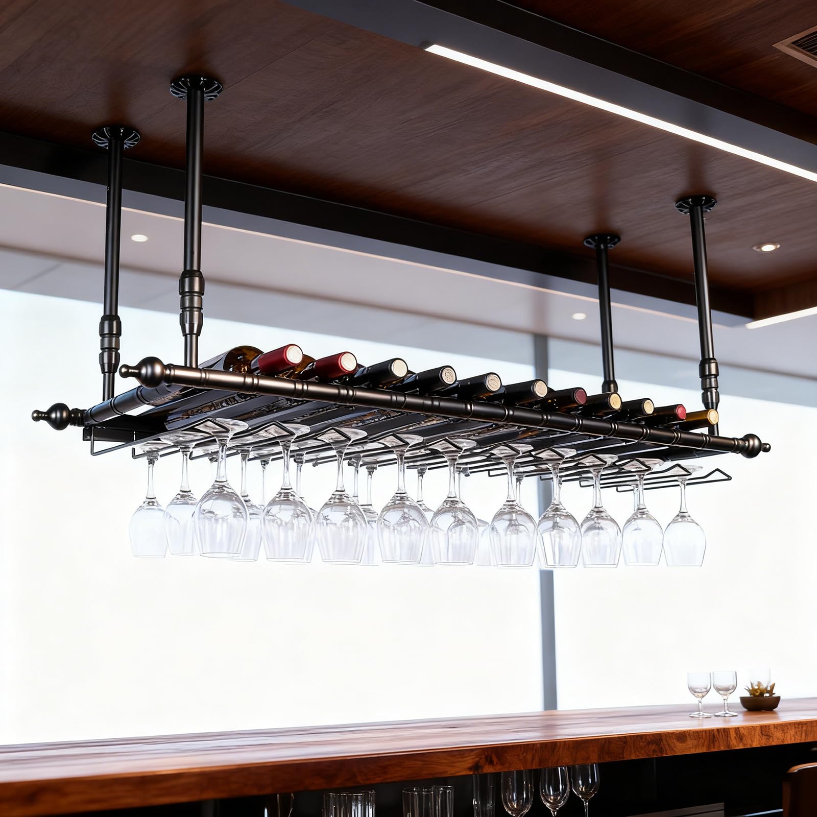 Suspendu Casiers à Bouteille et Porte-Verres Hauteur RéGlable, Porte Bouteilles en Métal, Montage au Plafond Paniers à Vin pour Famille Cuisine/Restaurant Hôtel/Bar (BK, 120x30x(30-60) cm)