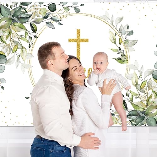 Miniatura 5 de Mocsicka Telón de fondo verde y dorado para bautizo, fondo verde y dorado, para primera comunión, bautizo, fiesta, pastel, decoración de mesa,