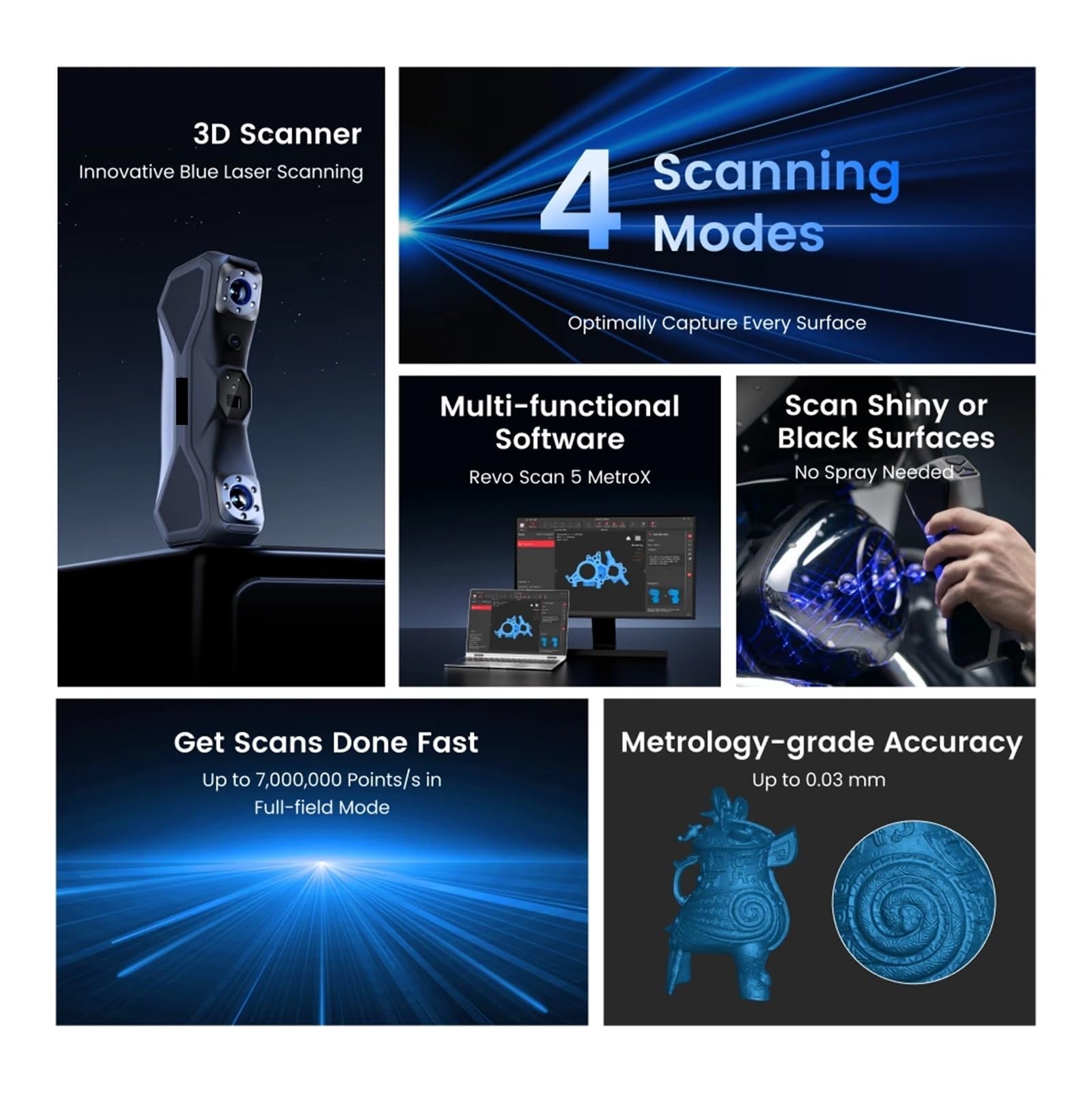 3D Scanner For Measuring Blue Multiple-line CAD Designer 0.01mm High Precision Handheld Scan