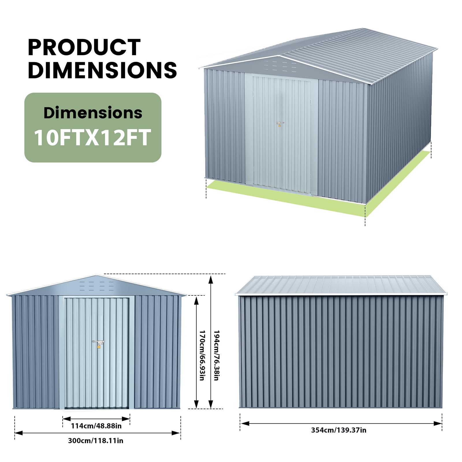 Garvee Abri De Jardin Métallique 10x12 ft, Remise Extérieure Spacieuse en Acier Galvanisé avec Portes Verrouillables, Toit Incliné Et Ventilation Intégrée