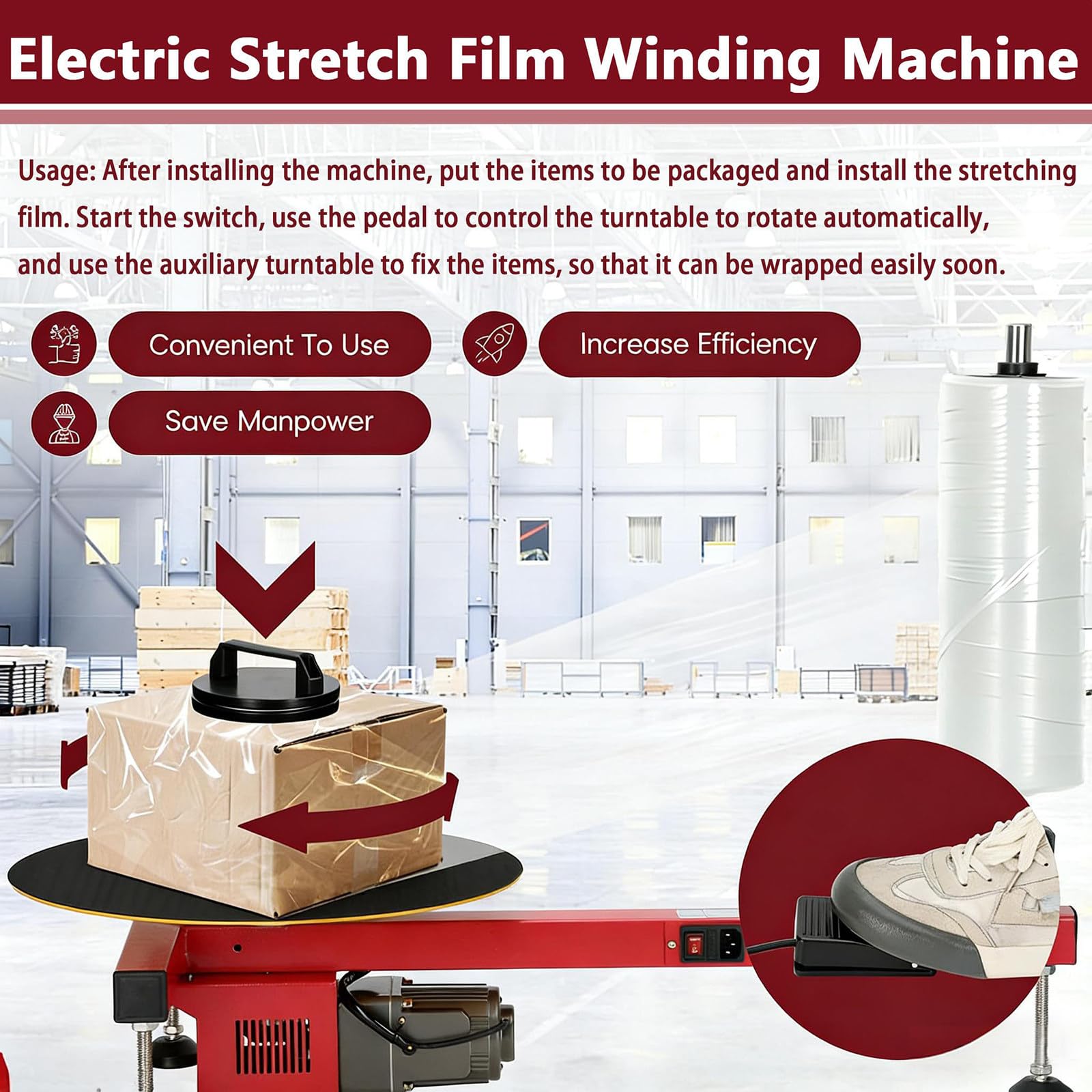 Elektrische Flachfolienverpackungsmaschine, Stretchfolienspender in Industriequalität, langlebige Verpackung für Verpackung und Versand, einfach zu bedienen für Paletten- und Kartonschrumpfung
