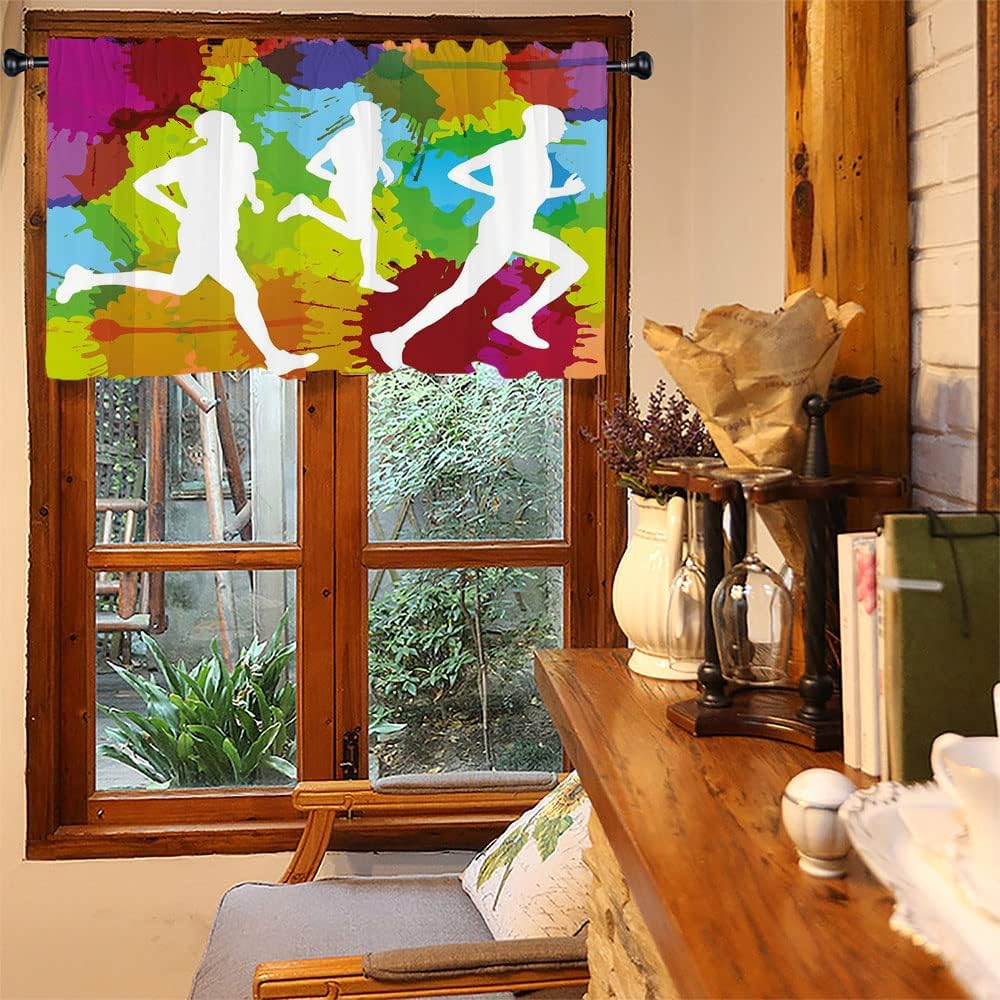 Blackout Window Curtains, Fitness Blackout Window Curtains Ombre, Watercolor Runners Jogging Outdoors Sportsman Marathon, 50"W x 18"L, For Living Room, Bedroom, Kitchen, Bathroom, Multicolor