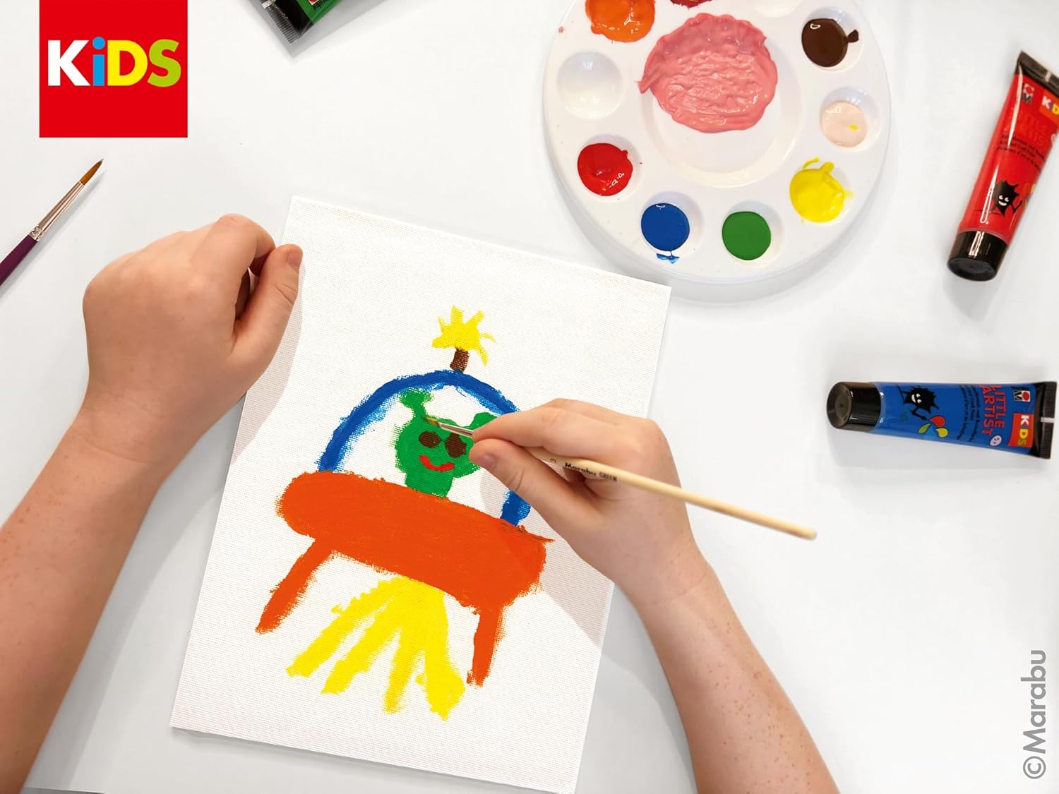 Marabu KiDS Little Artist Maxi Art Box, Painting and Craft Box for Children from 5 Years, Includes 12 x 36 ml Children's Paint, Brush, Mixing Palette, Stretcher Frame and Painting Card, 0305000000113,