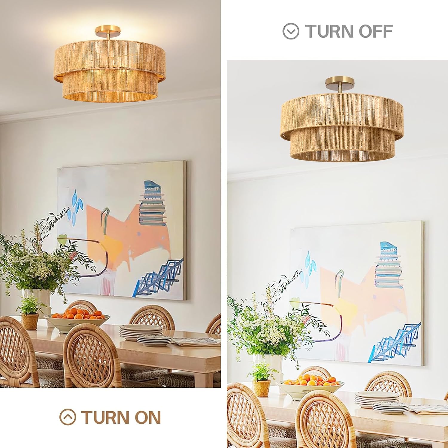 23.6'' Boho Rattan Chandelier Hand Woven Chandelier Light Fixture 3-Light Farmhouse Drum Pendant Light for Dining Room Bedroom Kitchen Hallway Foyer
