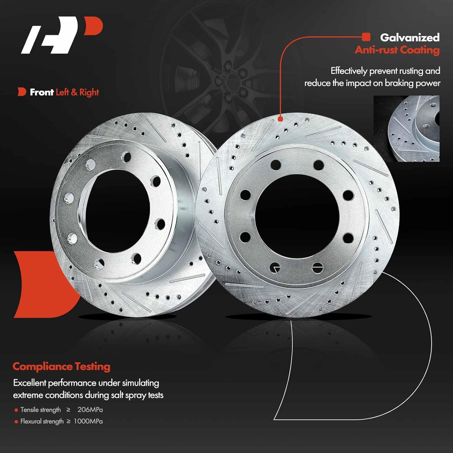 a-premium 13.03 inch (331mm) front drilled and slotted disc brake rotors compatible with select ford models - f-250/f-350/f-450 super duty 1999-2004, f-550 super duty, excursion 2000-2005, 2-pc set