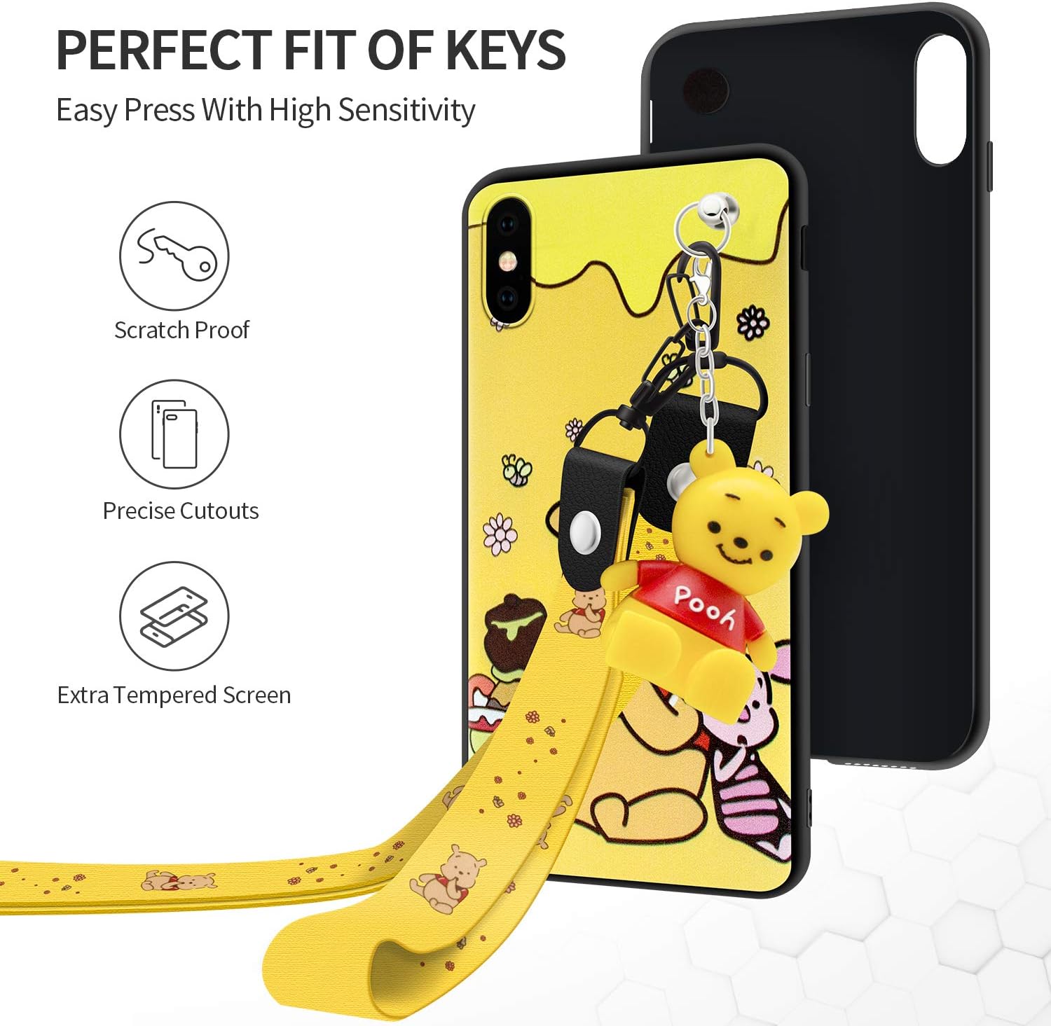 BABY FUN iPhone Xs Max case with HD Screen Protector, Winnie The Pooh Cartoon 3D Character Silicone Cover for iPhone Xs Max 6.5" with 2 Lanyard, 1 Cell Phone Stand, 1 Phone Storage Bag