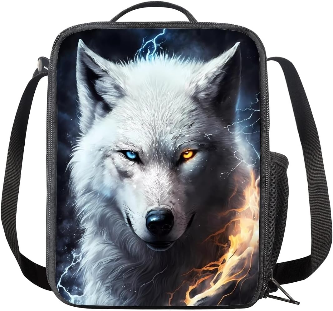 ENLACHIC Cool Wolf Lunch Box Kids Reusable Insulated Lunch Bag Leakproof Cooler Bag Lunch Containers for Women Men Work Picnic Travel,White Lightning Wolf