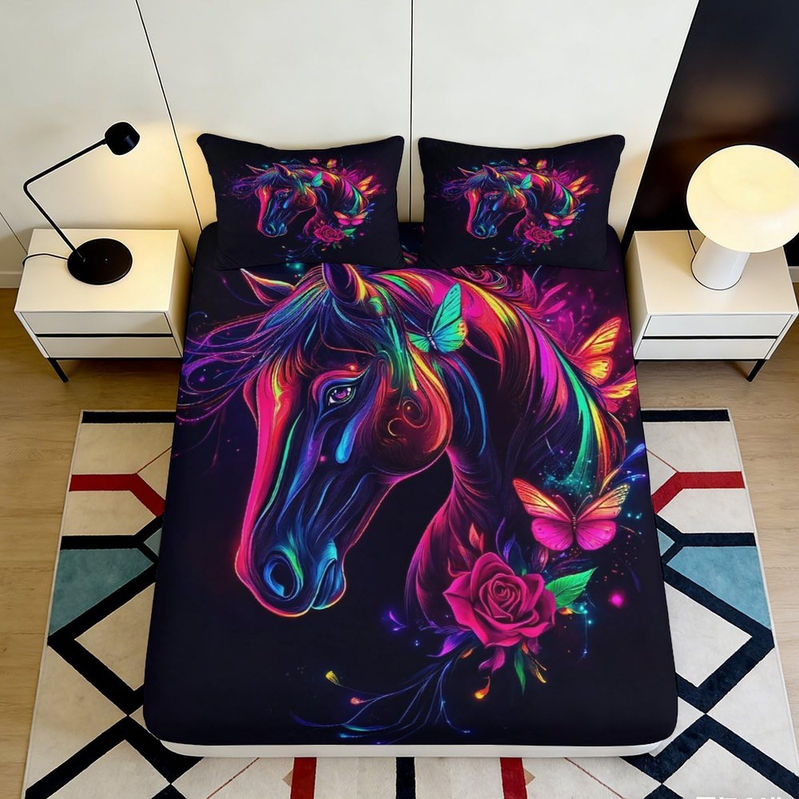 Pnayamiorkfel Style-1 3D Printed Neon Horse Fitted Sheet Microfiber Vibrant Butterfly Rose Mattress Cover Bedroom Decor Anti-Dust Easy Care 90X200x25cm