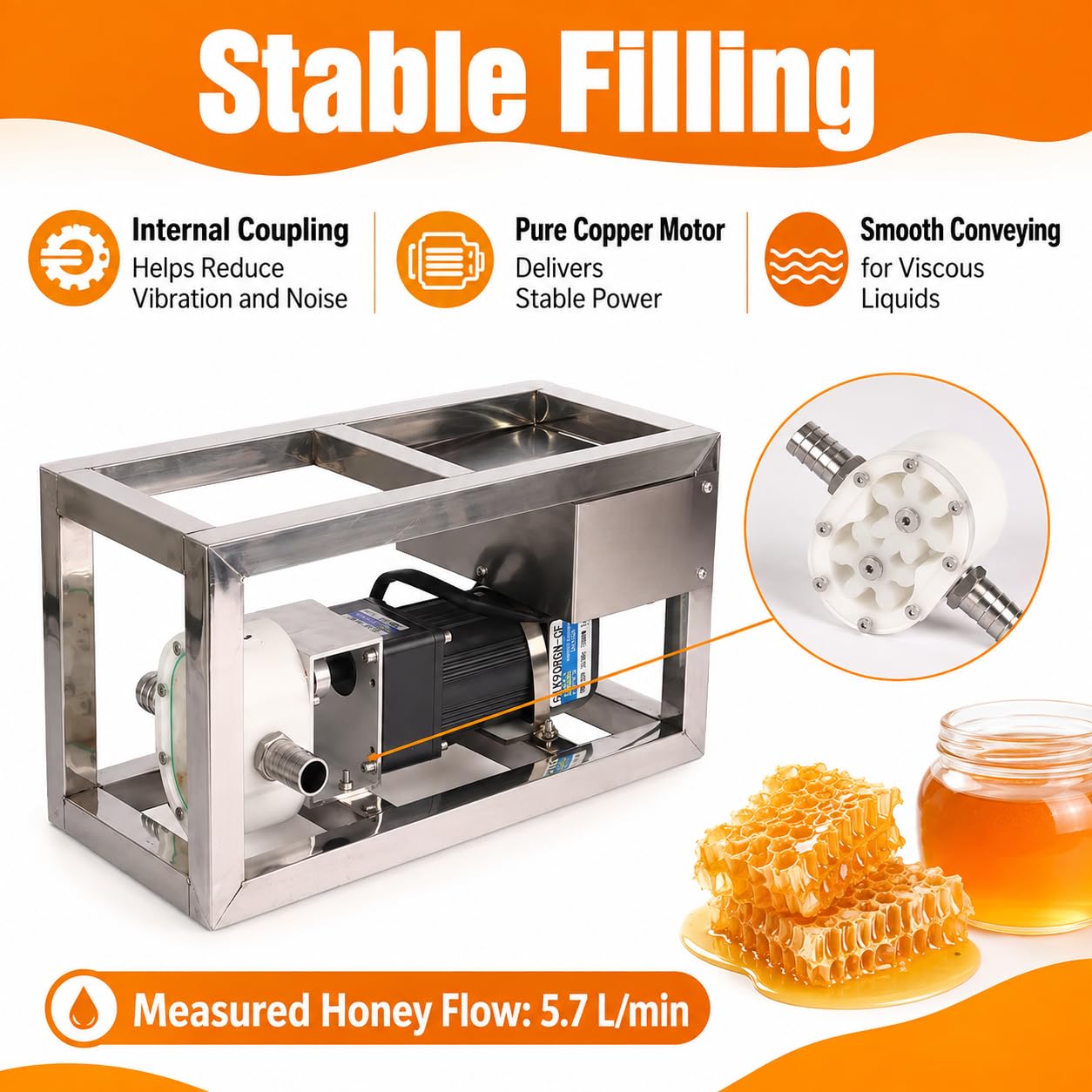 Heavy Duty Honey Transfer Pump, 90W Stainless Steel Viscous Liquid Pump z regulacją prędkości i podwójnym obrotem do przetwarzania żywności w melasie syropowej, łatwa do czyszczenia konstrukcja antywi