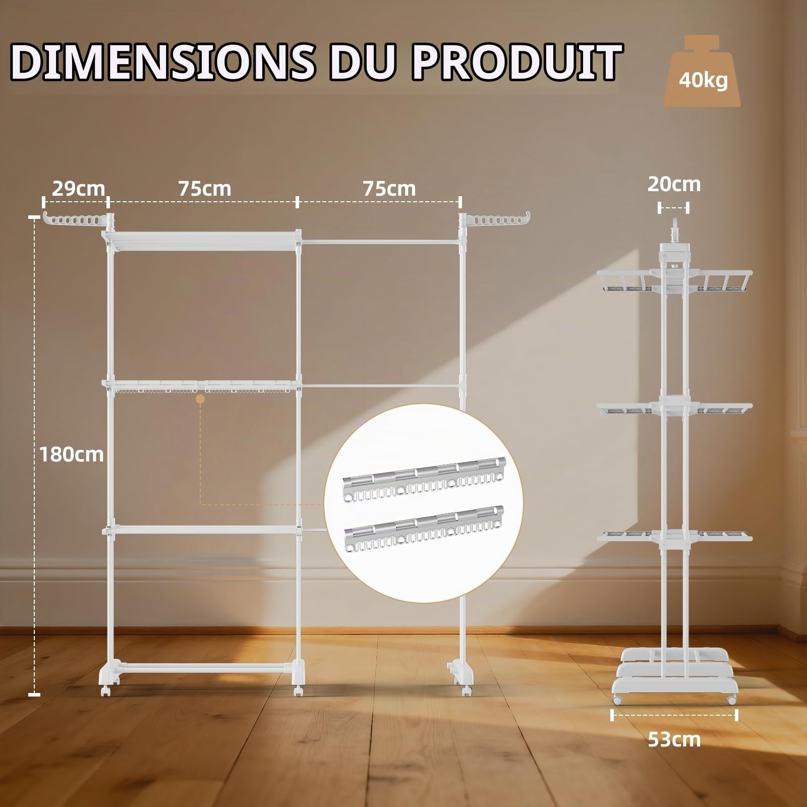 Étendoir à Linge 3 ÉTAGES Extensible & Pliable (66-130 CM) - Compact, 40 kg Capacité pour Petits Espaces,Blanc