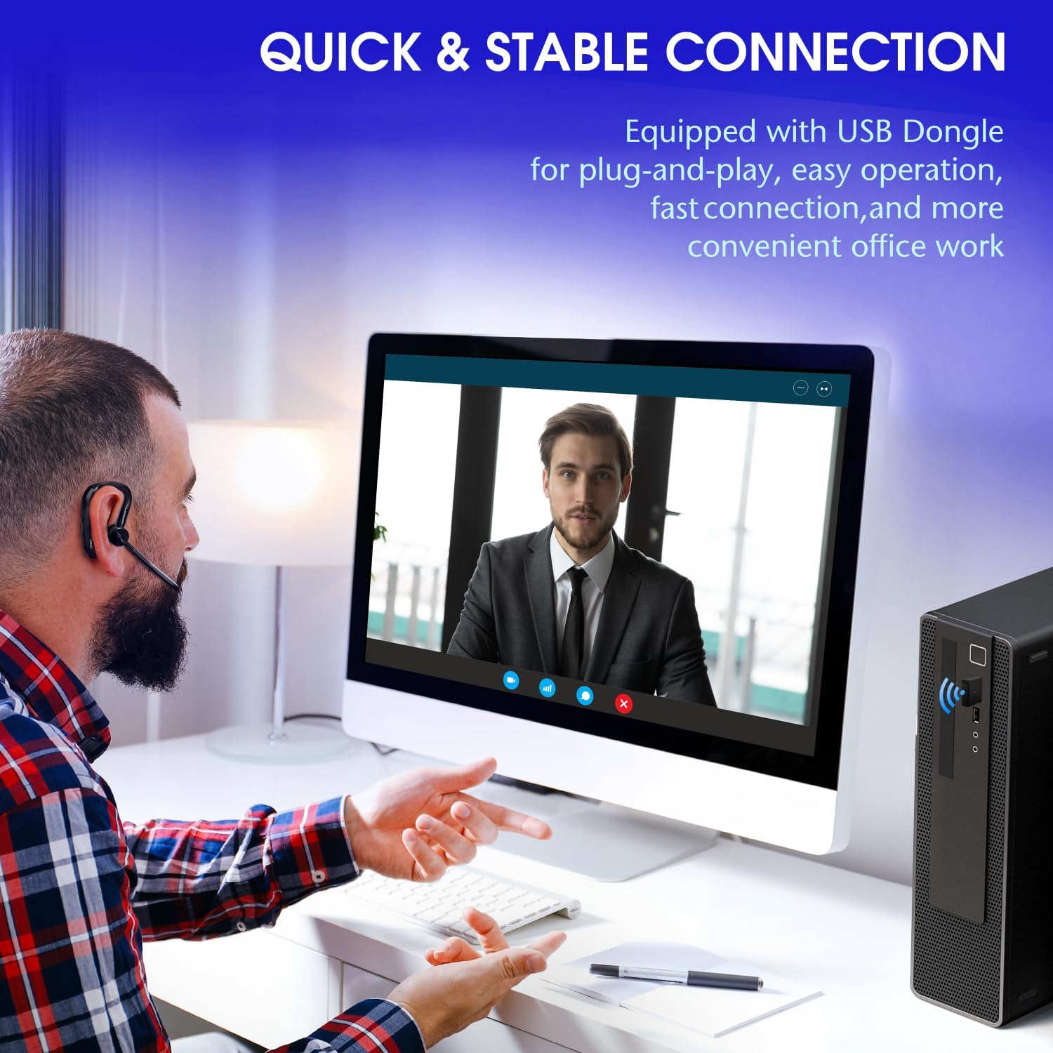 Bluetooth Single Ear Headset with Mic, Dual Microphone Wireless Headset with Dongle Compatible to Connect to Your PC Mac Works with Teams, Zoom More Noise Canceling