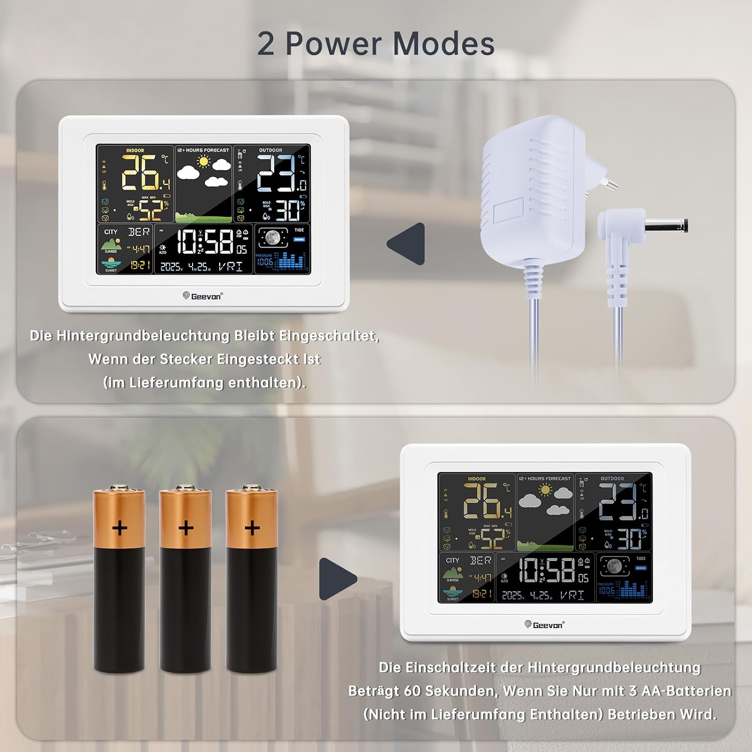 Geevon DCF 0397 Weather Station showing two power modes: AC adapter and battery power