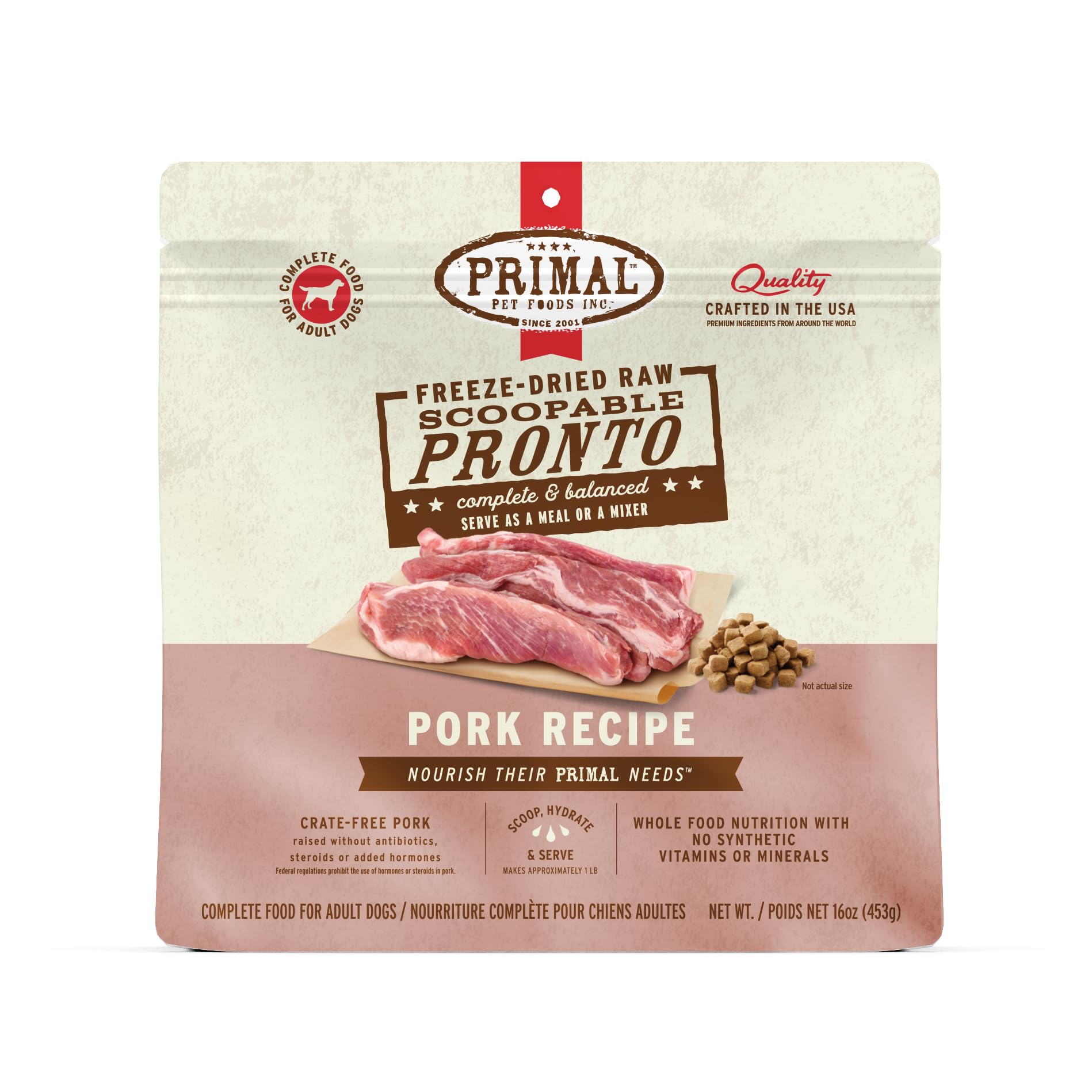 Primal Freeze Dried Dog Food, Pronto Mini Nuggets, Pork; Scoop & Serve, Complete & Balanced Meal; Also Use As Topper or Treat; Premium, Healthy, Grain Free, High Protein Raw Dog Food (16 oz)