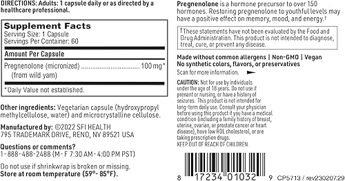 Miniatura 6 de Klaire Labs SFI Health Pregnenolone – Puede apoyar la memoria, el estado de ánimo y la energía para adultos – 100 mg derivados de ñame silvestre –