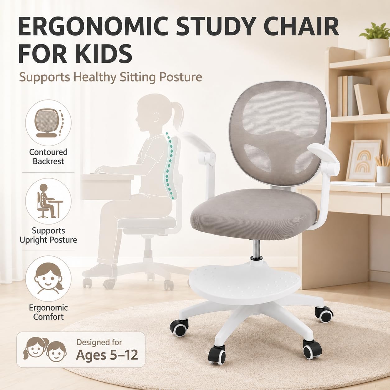Sedia da scrivania per bambini, regolabile in altezza, 50 kg, grigio | rete, schiuma, forma a sella, pieghevole a 90°, 50 kg, ruote a gravità, girevole a 360°, seduta da 10 cm + poggiapiedi, 5-13J
