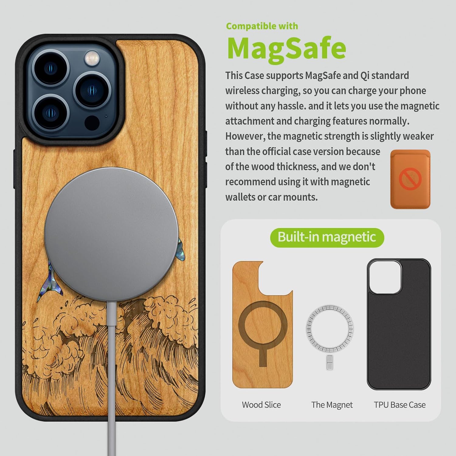 Carveit Wooden Case for iPhone 15 Pro Max Magnetic Case, Compatible with MagSafe Wireless Chargers, Shockproof Cover, Handmade Shell Inlaid & Wood Artisan Engraved (Dolphins in The Waves) Cherry