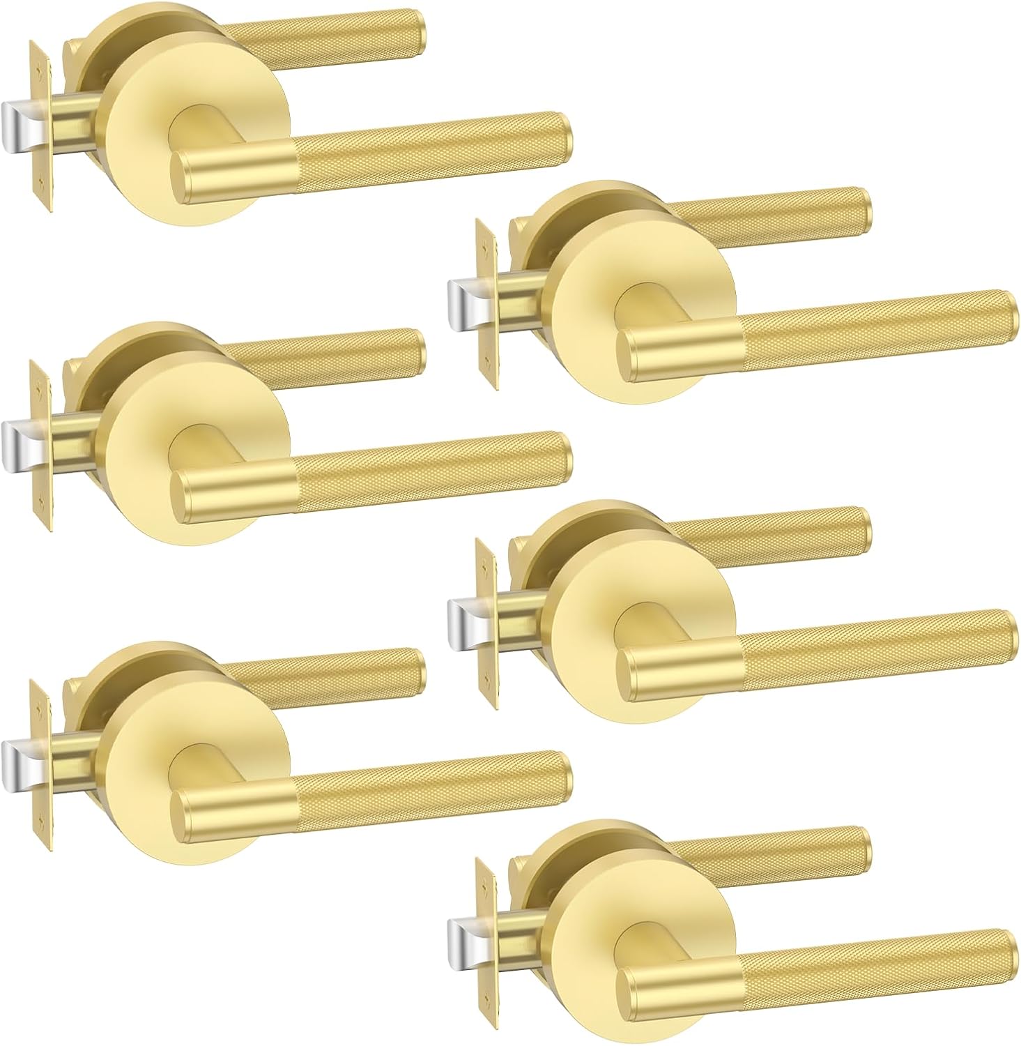 FILTA 6 Pack Gold Door Handles Interior Passage Round Door Handle Knobs Knurled Heavy Duty Keyless Door Lever Lock for Bedroom and Bathroom