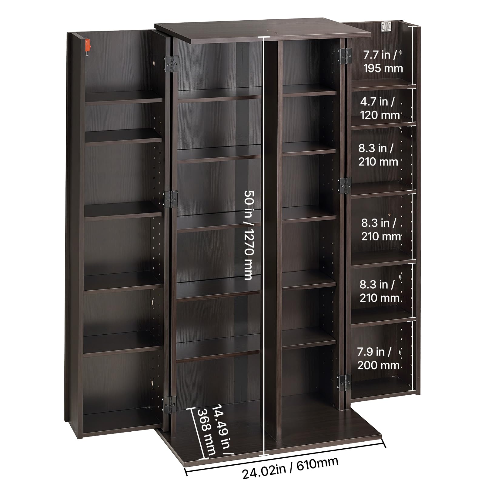 VEVOR Bibliothèque Étagère, Meuble de Rangement Multimédia à 6 Niveaux, Armoire Biblio pour CD, DVD, Livres, Jeux, avec Portes et Étagères Réglables pour Bureau, Studio, Salon, 610x368x1270 mm, Marron