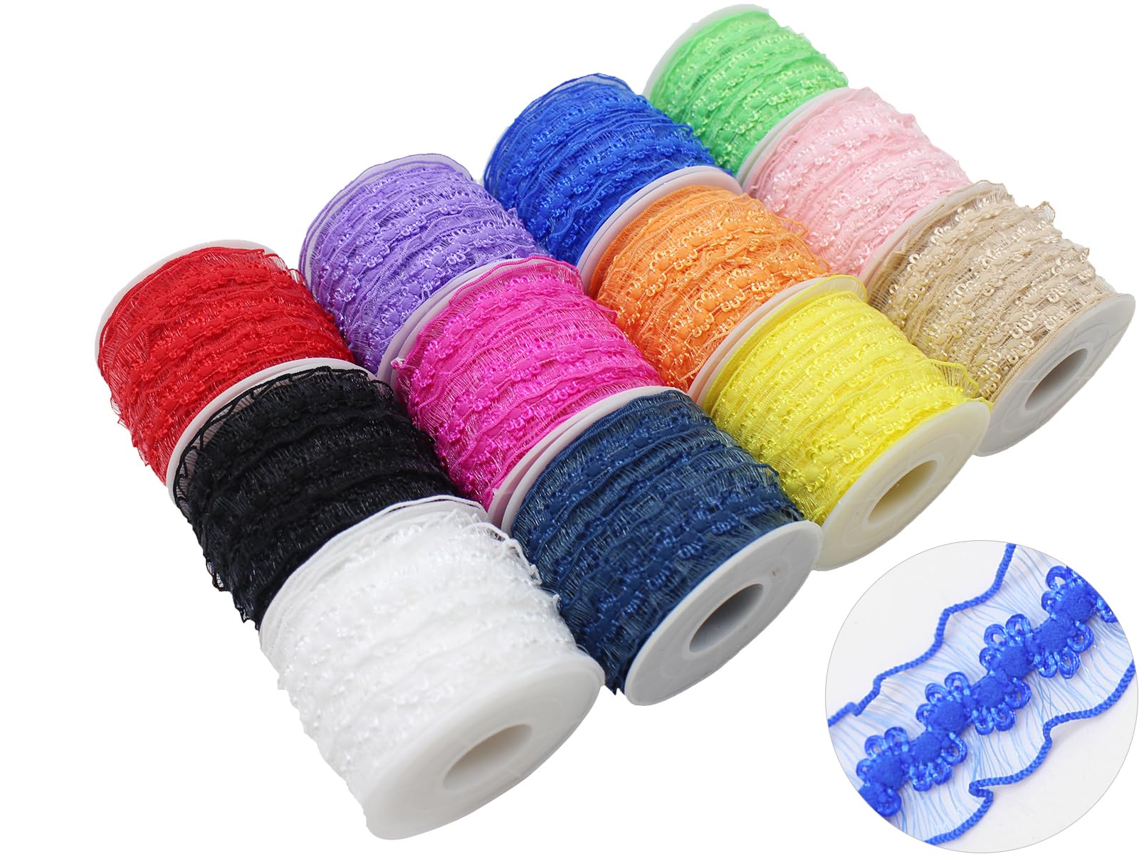 120 Yards Elastic Ruffle Ribbon for Sewing Assortment Organza Lace Trim 3/4 inch Stretch Crochet Craft Lace Trim Band Clothing and Garment for DIY Headband-Clothes-Bonnets-Hat
