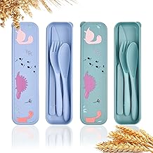 Travel Cutlery Set for Lunch Bag, 2 Set Wheat Straw Camping Cutlery, Reusable Utensils Set with Case, Portable Cutlery Set for Adults Travel Picnic Camping Office Dorm On-The-Go(Green+Light Blue)