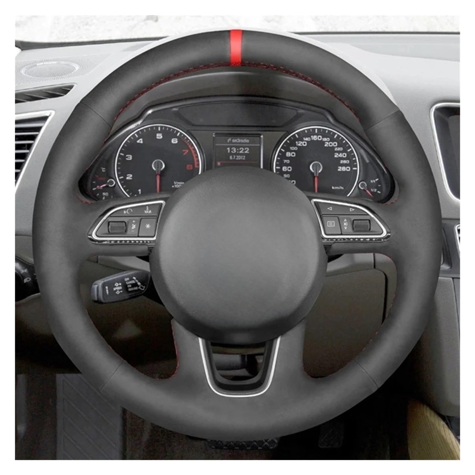 Lenkradschoner Für Q3 (8U) 2011–2018 Q5 (8R) 2012–2017 Q7 (4L) 2011–2015 SQ5 Handgenähter Auto-Lenkradbezug, rutschfest, schwarzes Wildleder Lenkrad Schutzhülle(White Thread)
