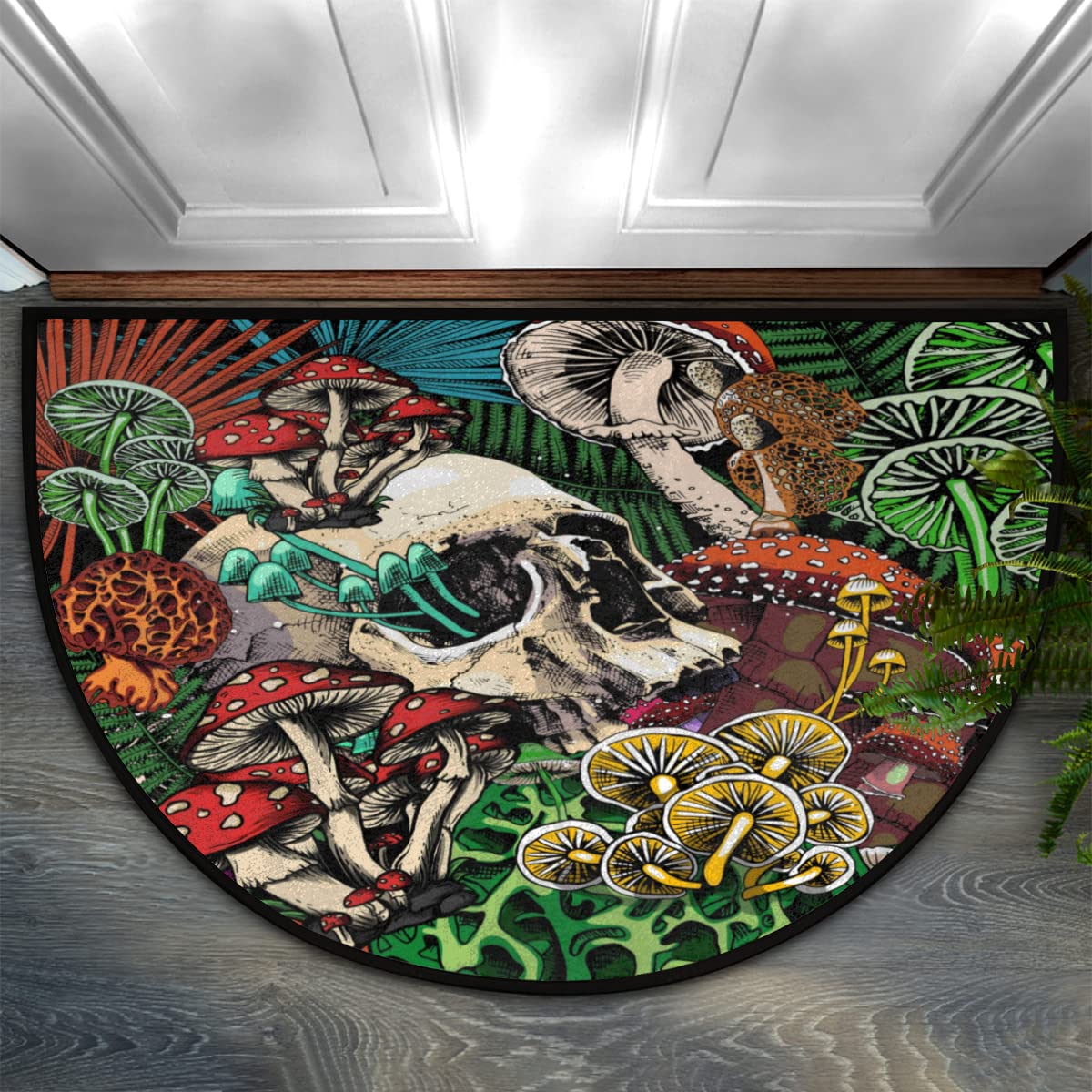 FZDXZJJ Suger Skull Half Round Door Mat,Rainbow Mushroom Welcome Mat for Front Door Non-Slip Entryway Rug Floor Doormat for Inside Outside Entry Bedroom Bathroom Kitchen Garage Patio,24"x 36"